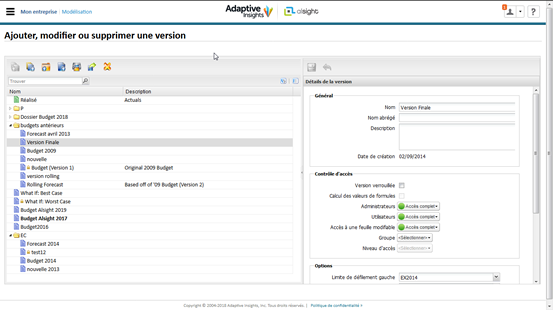 Version management et scénarios dans Adaptive Planning